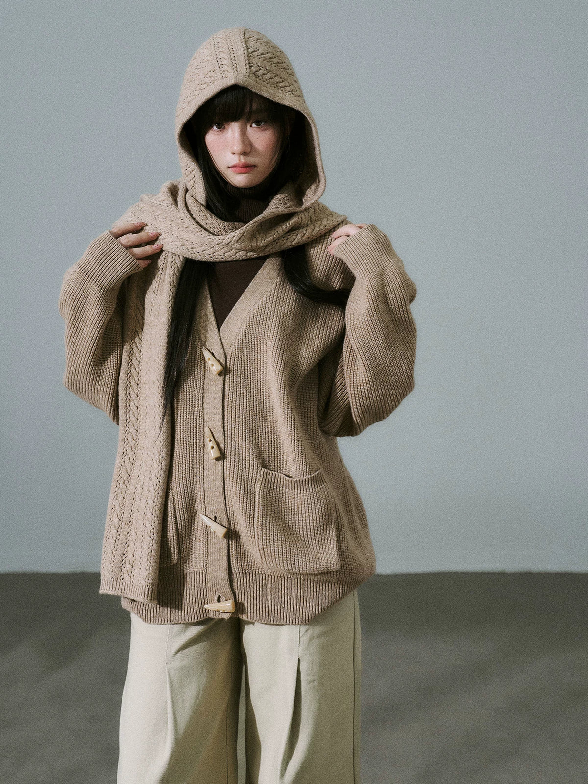 LOST FOREST - Tea Brown Wool-Blend Hooded Scarf Cardigan Set