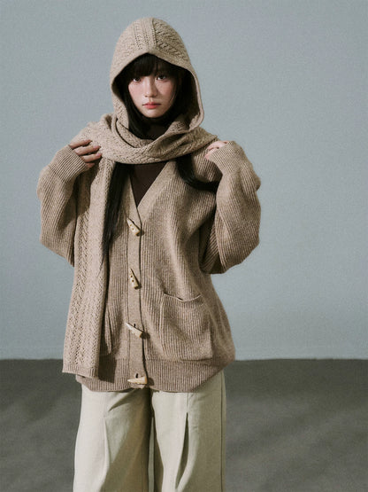 LOST FOREST - Tea Brown Wool-Blend Hooded Scarf Cardigan Set