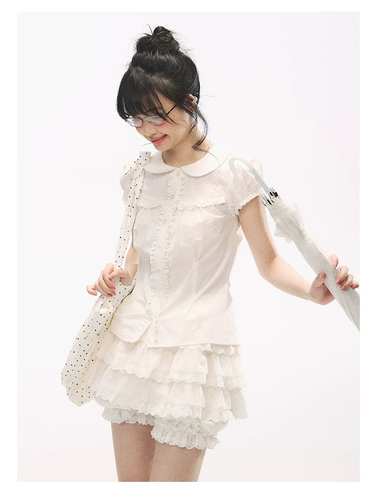 "Lace Soufflé" White Tiered Ruffle Bubble Skort