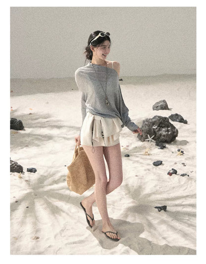 "Misty Veil Whisper" Cloud Trail Gray Off-Shoulder Sheer Sun Protection Top 5345634