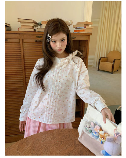 “Pudding Bear Letter” White Teddy Print Lace Blouse