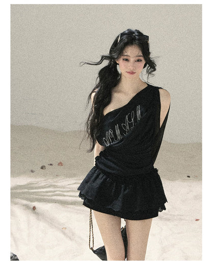 "Scattered Starlight" Midnight Black Off-Shoulder Mesh Waist-Cinched Top