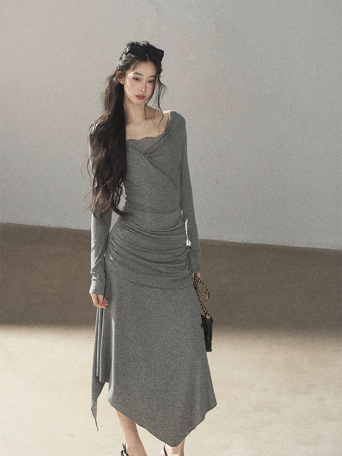 AOMALM - "Still River Cove" Cloud Mist Gray French-Inspired Lace Maxi Dress