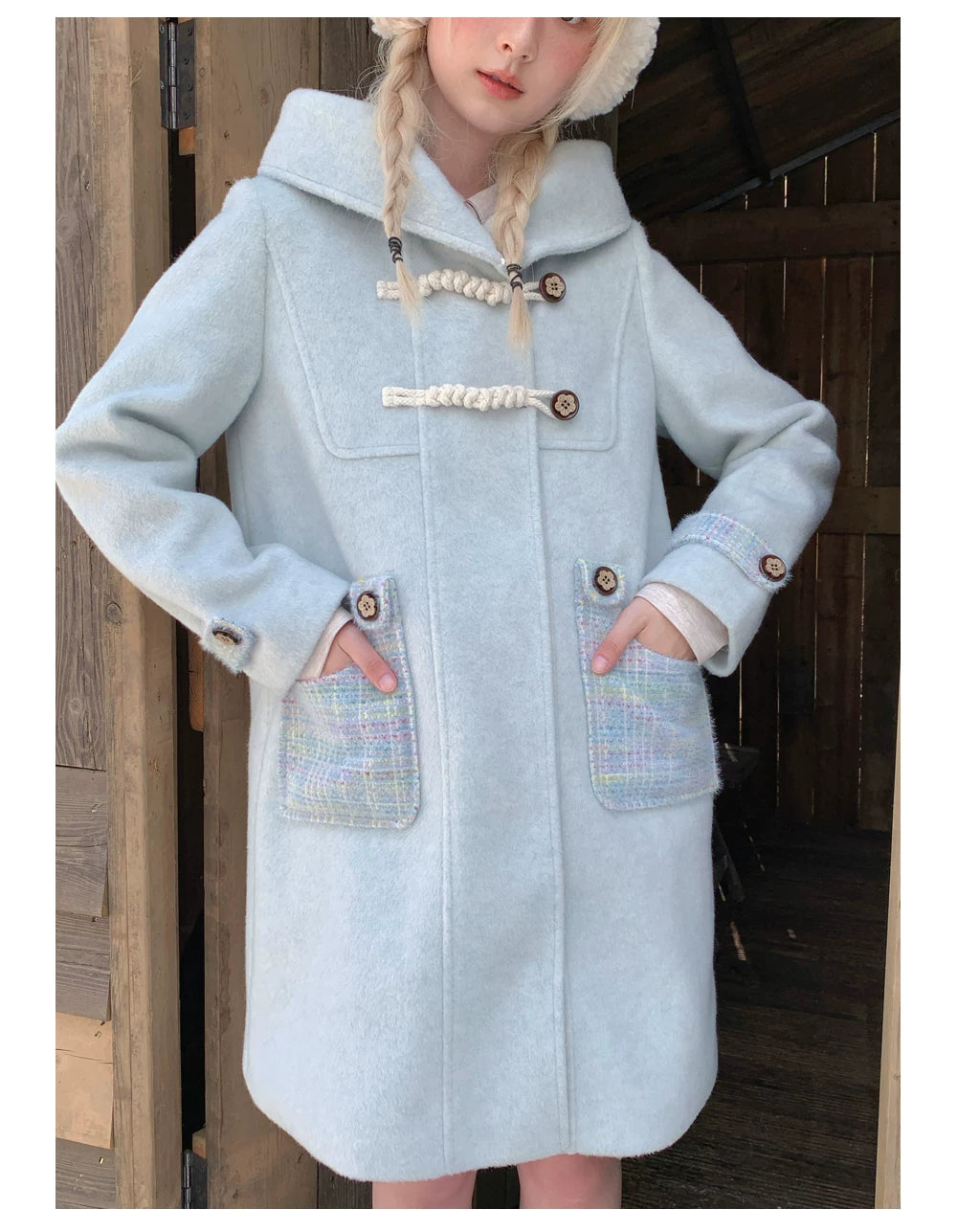 RF - Light Blue Plaid Mid-Length Wool-Blend Coat with Toggle Closures
