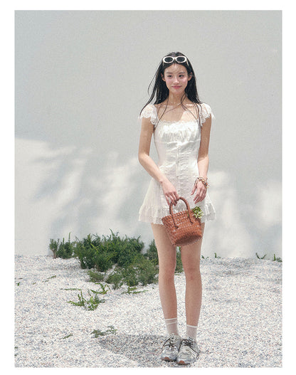 “Summer Tide Reverie” Lace Trim Puff Mini Dress