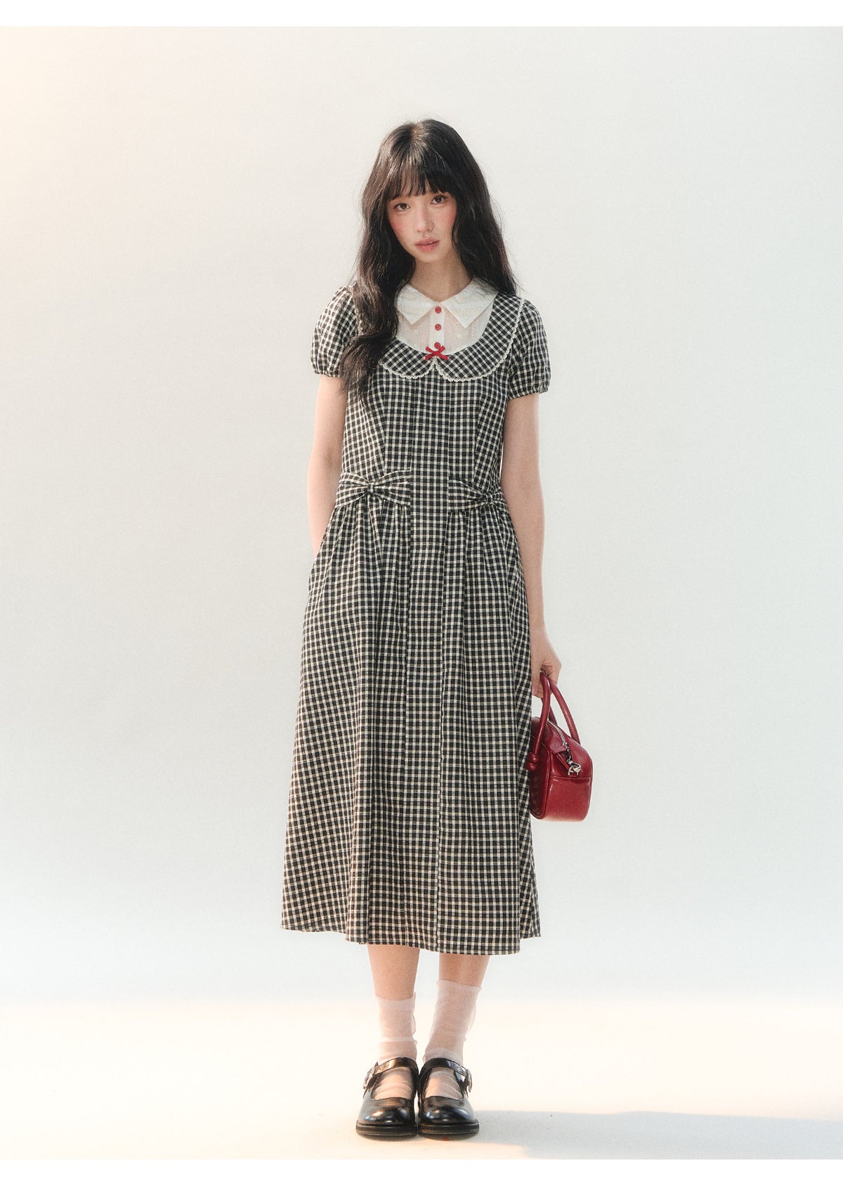 [CAN] "Black Cherry Check" Black Bow Doll Collar Dress