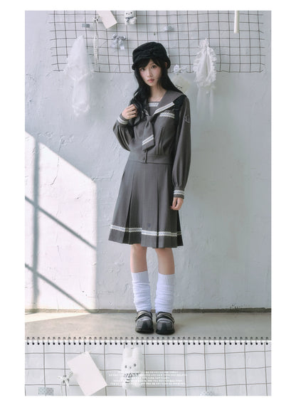 "Showa Girl" Sailor Uniform Collection (Sailor Blouse / A-Line Skirt / Box Pleated Midi Skirt / Polka Dot Scarf)