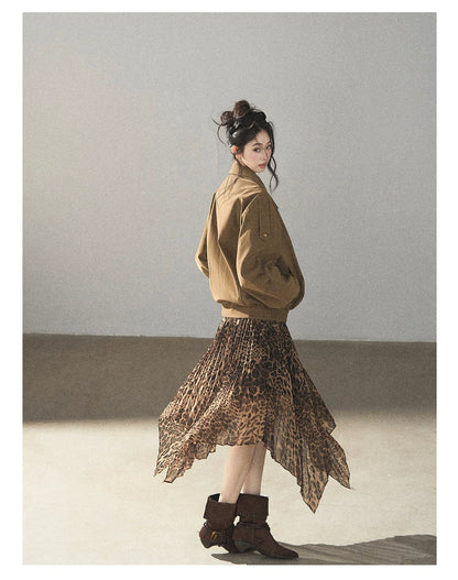 AOMALM - “Acorn & Fallen Leaves” Korean Leopard Print Chestnut Brown Faux Suede Jacket