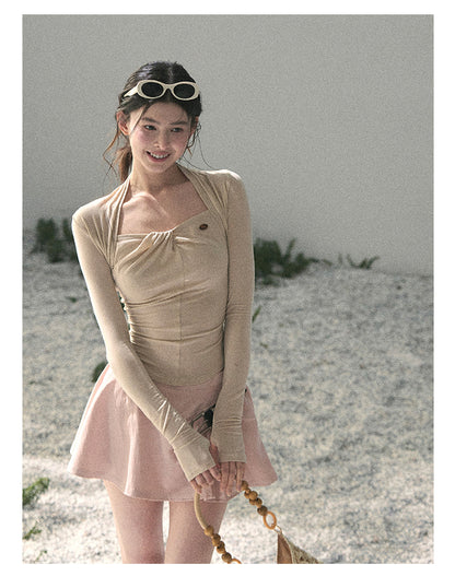 “Soft Evening Breeze” Milk Tea Layered Halter Top
