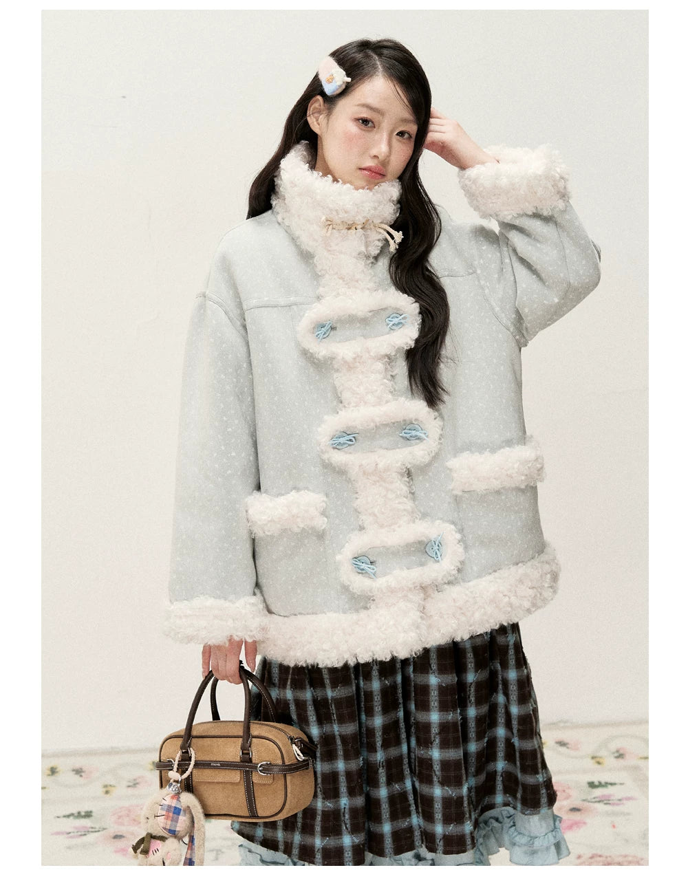 RF - Mist Blue Bow Print Suede-Look Jacket with Cream Curly Faux Fur Trim