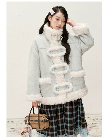 RF - Mist Blue Bow Print Suede-Look Jacket with Cream Curly Faux Fur Trim