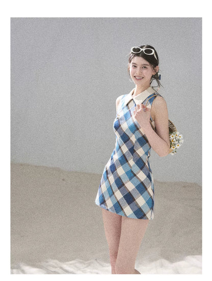 "Sunset by the Shore" Vintage Blue Plaid Polo Mini Dress 358648564
