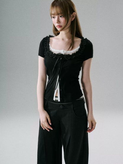 LOST FOREST - Faux-Layered Lace Short-Sleeve Top (Gray White / Black White)