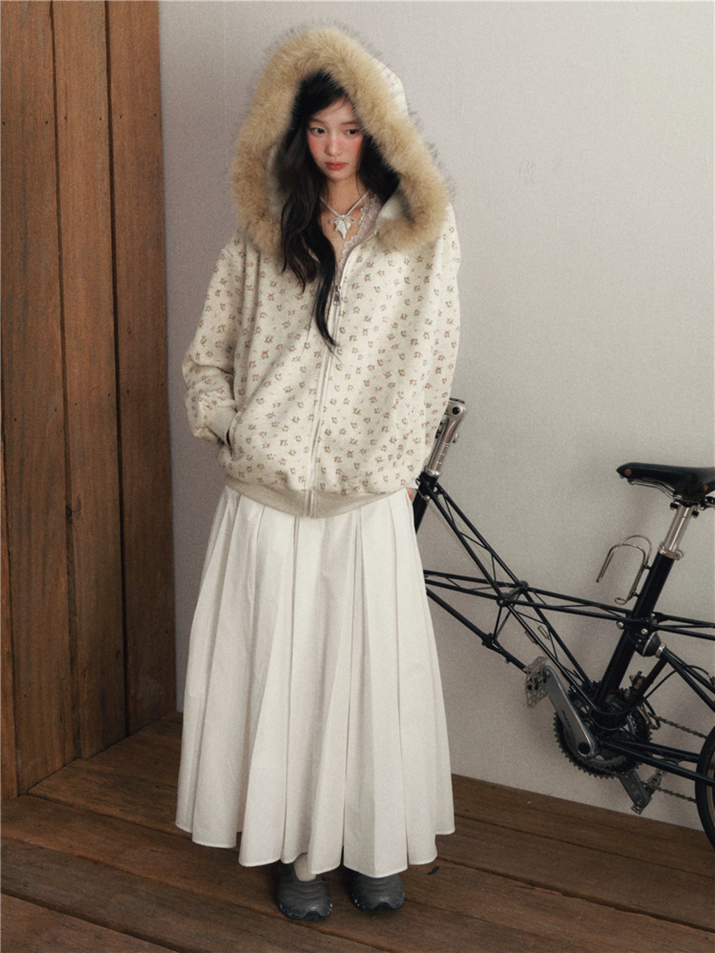 1P - Floral Faux Fur Hooded Fleece Jacket