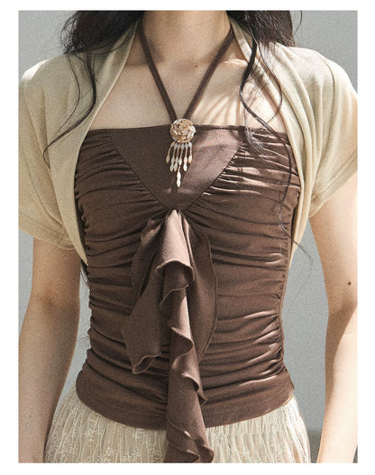 "In the Evening Breeze" Chestnut Brown Halter Ruched Top & Milk Tea Shrug Set