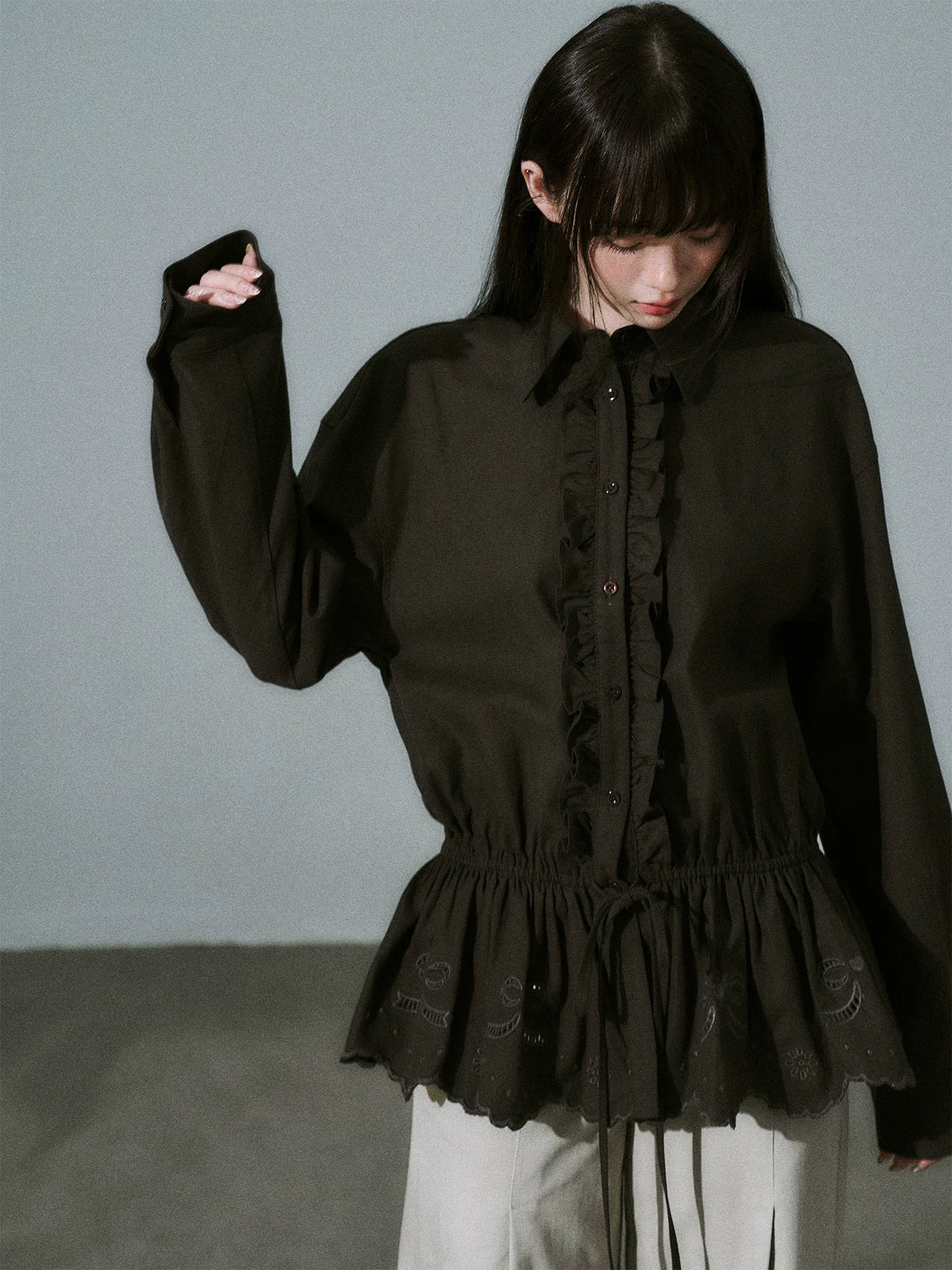 LOST FOREST - Dark Brown Lyocell Cotton Laser-Embroidered Ruffle Shirt