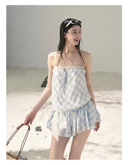 "Breeze Upon the Waves" Ice Crystal Blue Off-Shoulder Diamond Quilted Mini Dress