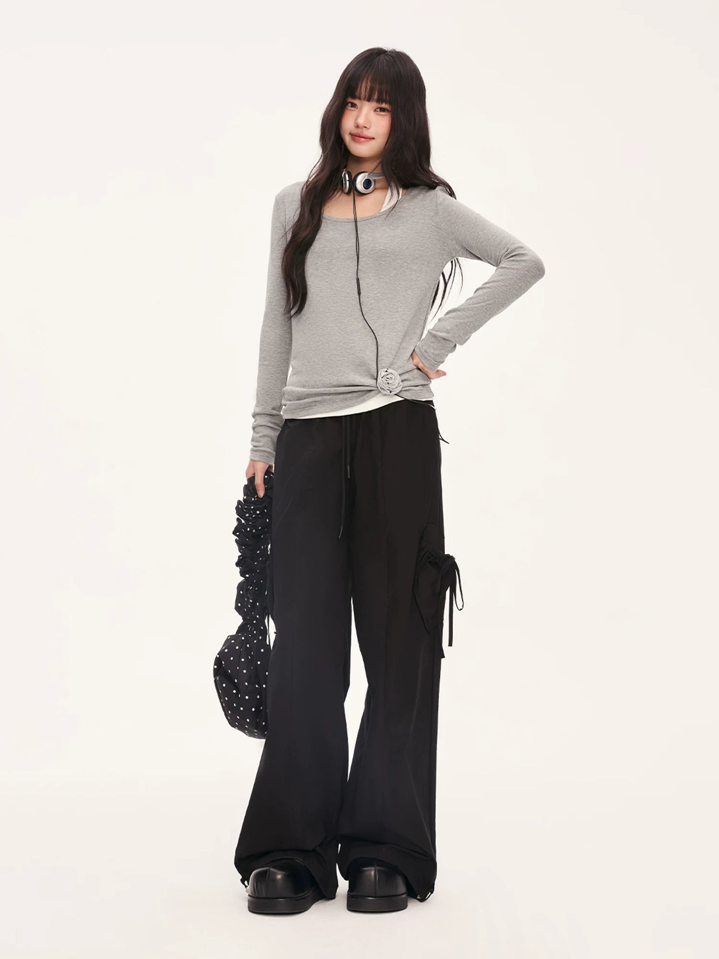 "Layered Grace" Gray Halter Two-Piece Long Sleeve Top