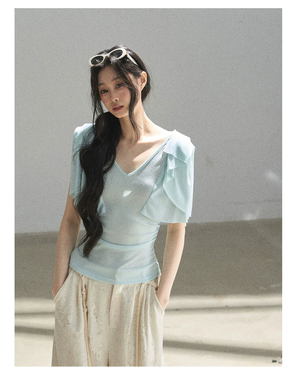 "Where Clouds Fall" Ruffle Sleeve V-Neck Crop Top (Forest Green/ Sage Gray/ Misty Blue/ Cinnamon Pink)
