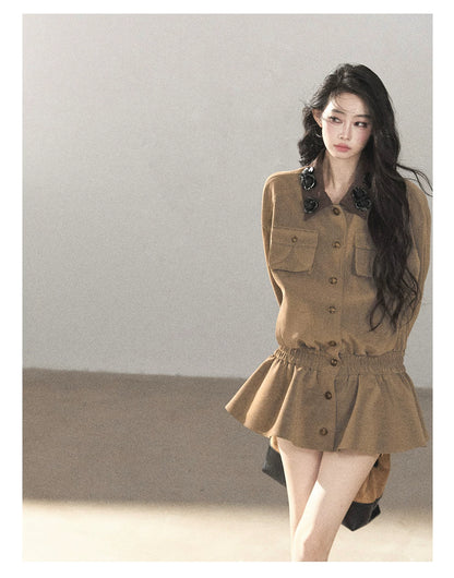 AOMALM - Gray-Brown PU Jacket and High-Waisted Shorts Set