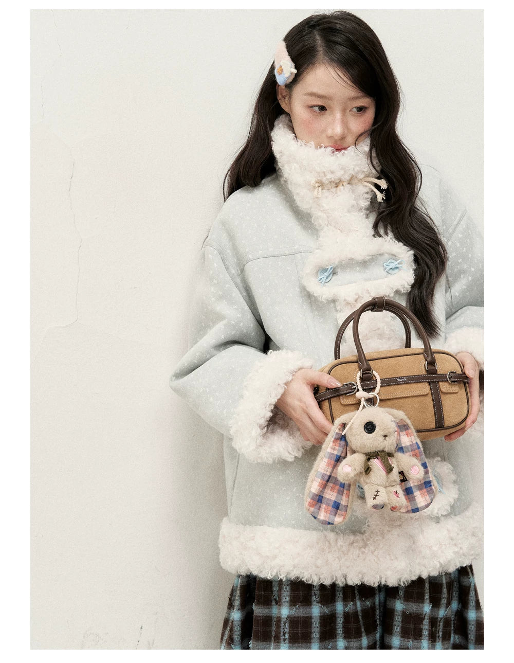 RF - Mist Blue Bow Print Suede-Look Jacket with Cream Curly Faux Fur Trim