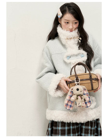 RF - Mist Blue Bow Print Suede-Look Jacket with Cream Curly Faux Fur Trim