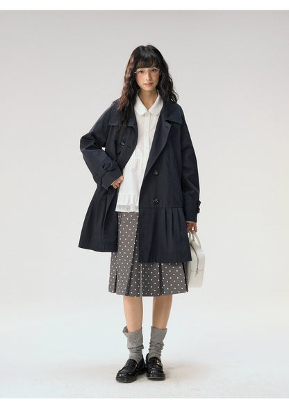 [CAN] "Azure Echoes" Navy Double-Breasted Bow Long Trench Coat