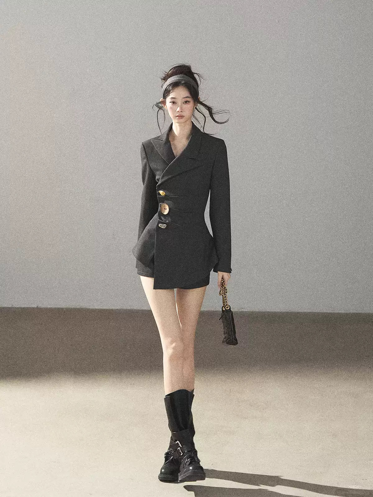 AOMALM - Deep Slate Gray Tailored Blazer & Shorts Set
