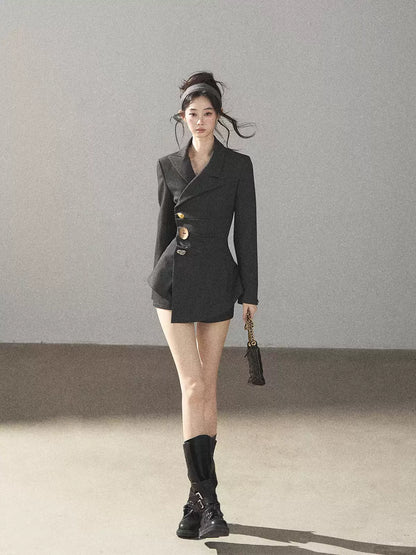 AOMALM - Deep Slate Gray Tailored Blazer & Shorts Set