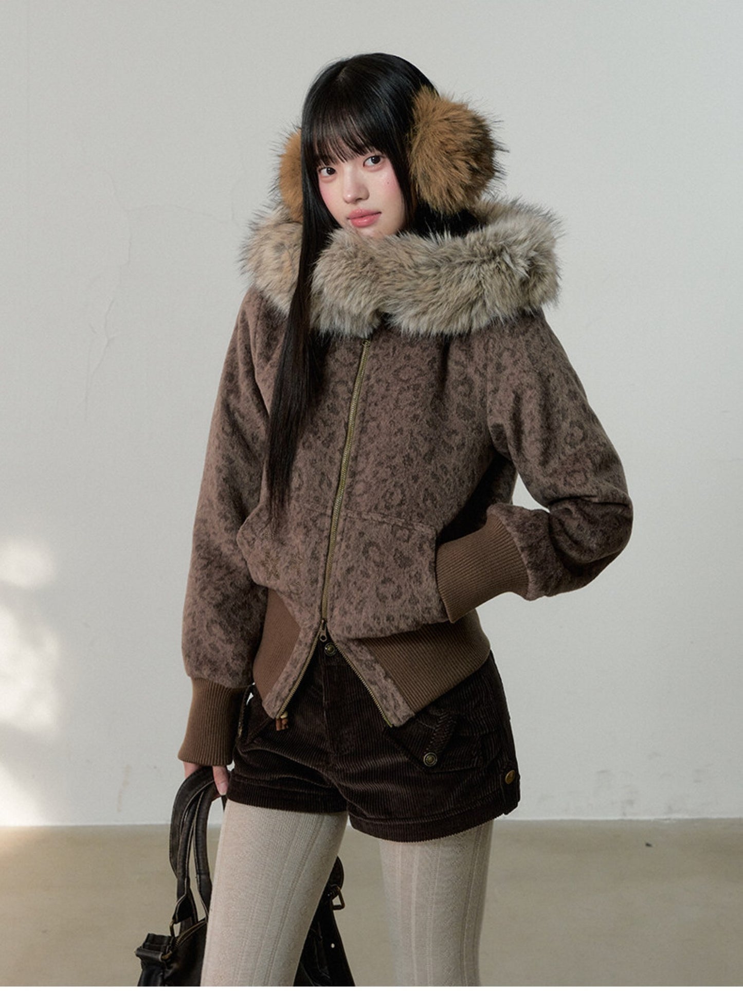 Soote Season - Vintage Leopard Wool Hooded Jacket with Faux Fur Collar – Brown Leopard