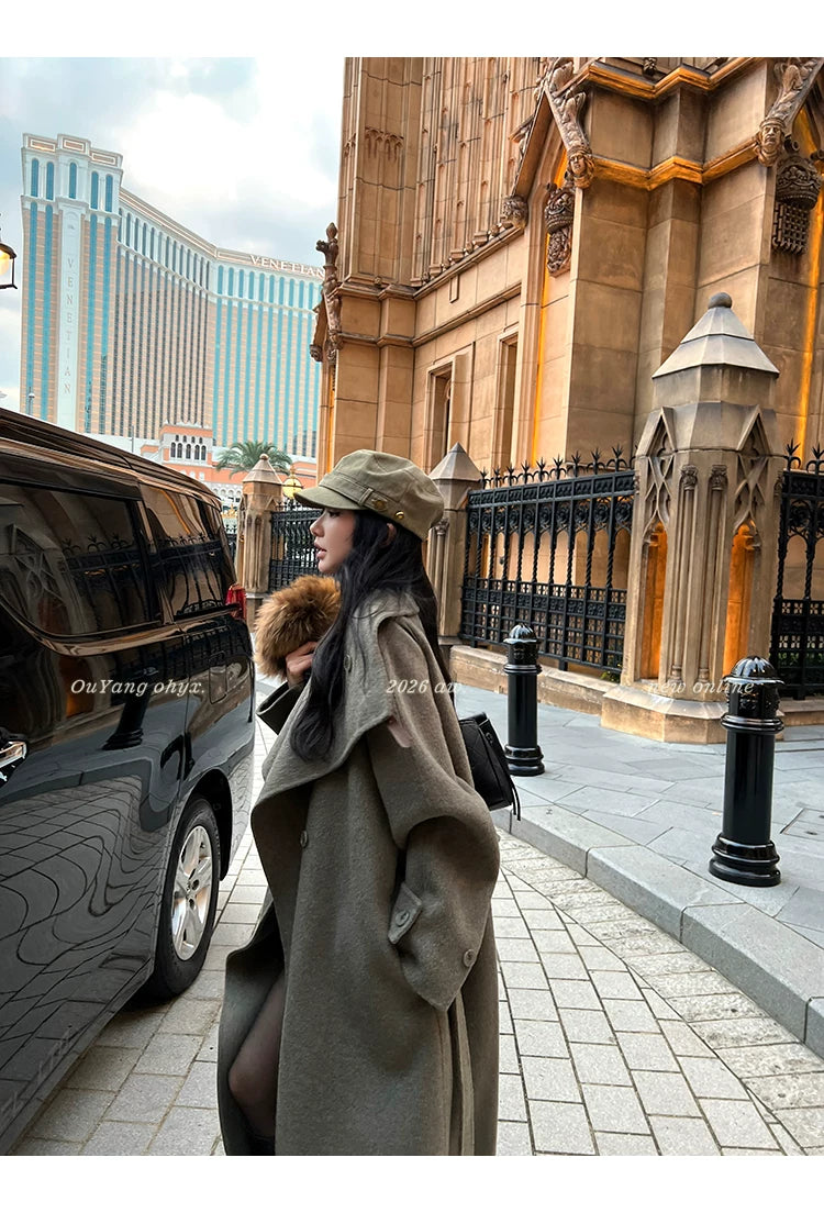 QuQuOuYang - 100% Wool Double-Face Belted Coat with Convertible Collar
