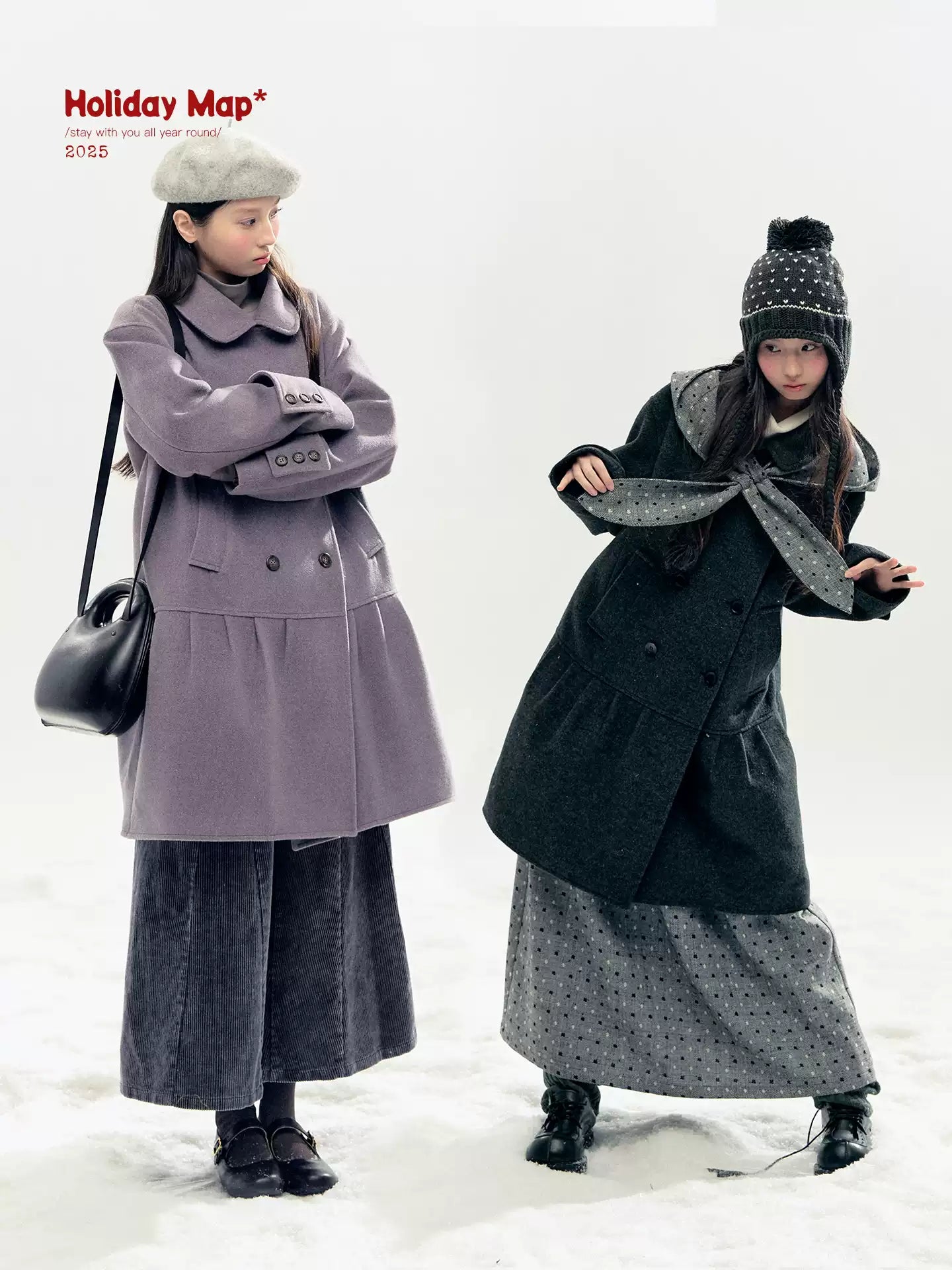 "Winter Chime" Double-Breasted Quilted Wool-Blend Coat (Smoky Purple/ Ash Gray)