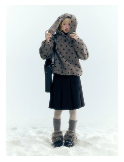 Horridale - Pink Black Polka Dot Sherpa Fleece Hoodie with Bunny Ears