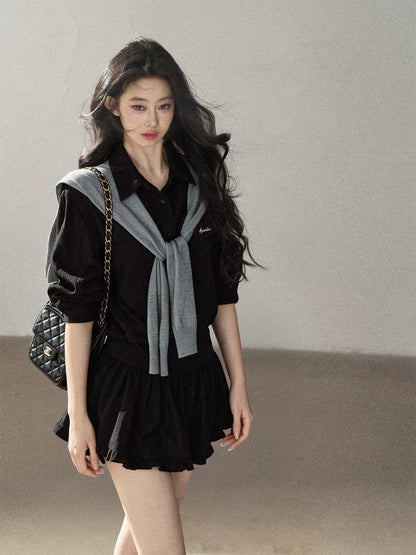 AOMALM - "Whispers of the Night" Serene Black Korean Intellectual Chic Shirt & Mini Skirt Set