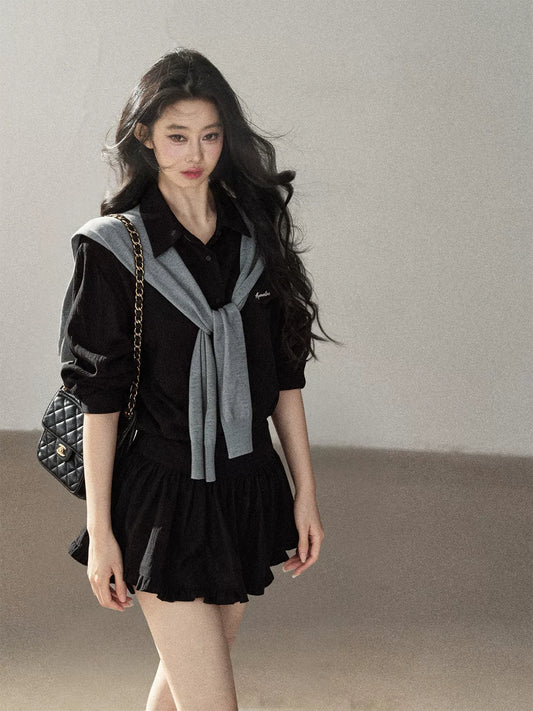 AOMALM - "Whispers of the Night" Serene Black Korean Intellectual Chic Shirt & Mini Skirt Set