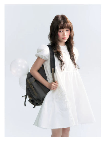 "Puff Doll Dress" Ruffle Trim Puff Sleeve Cotton A-Line Dress (White/ Black)