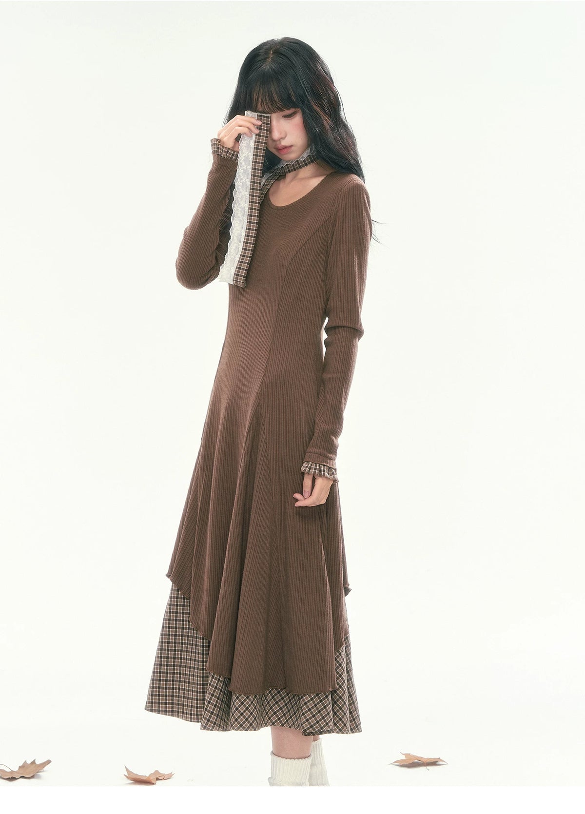 CAN - "Brownie Winterfield" Brown Plaid-Trim Ruched Knit Midi Dress