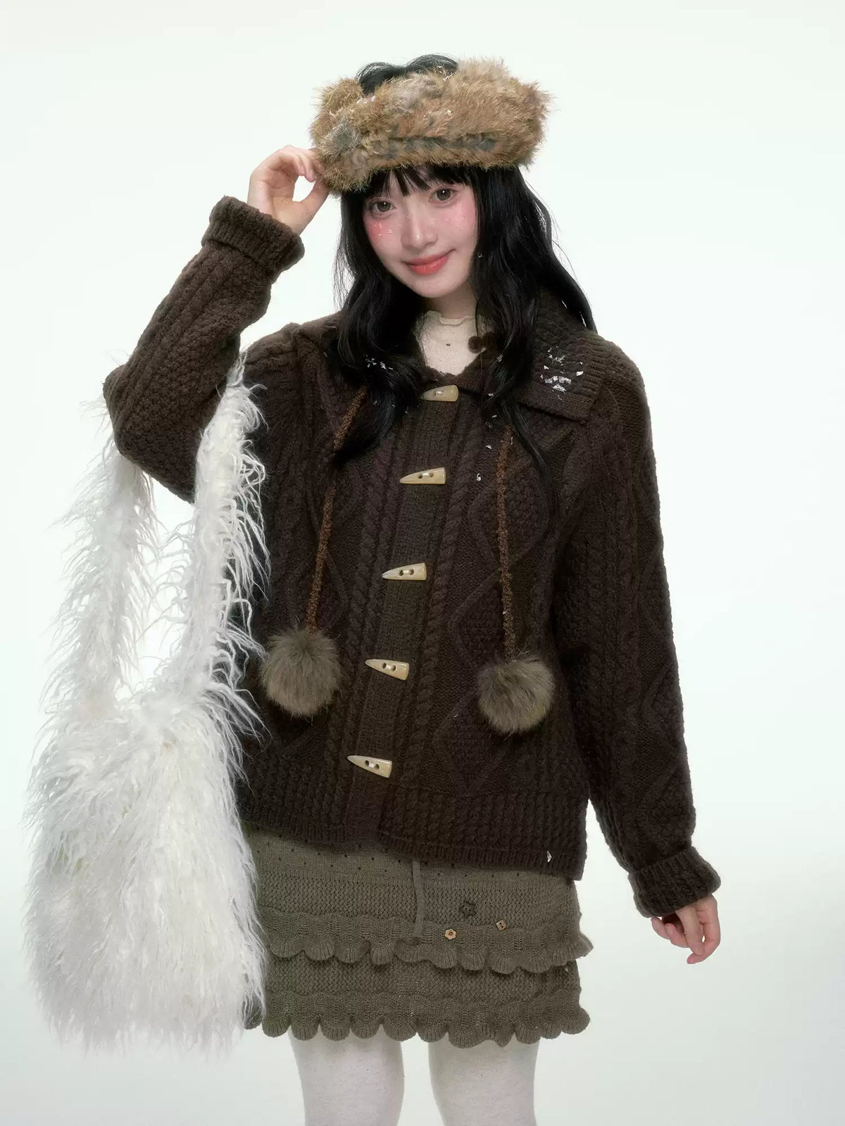 BIBIBENCY - Brown Cable-Knit Cardigan with Toggle Closures