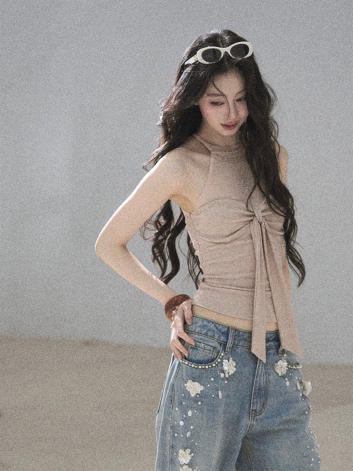 "Galaxy in Your Eyes" Milk Tea Halter Mesh Knit Top