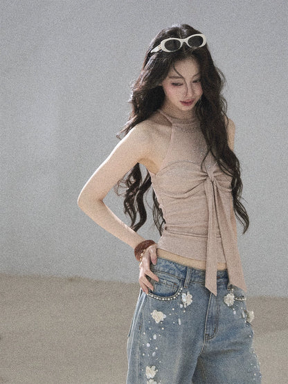 "Galaxy in Your Eyes" Milk Tea Halter Mesh Knit Top