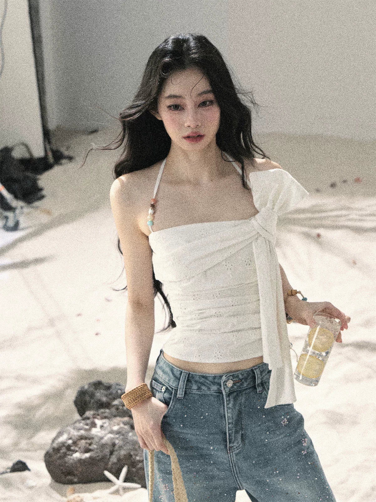 "Fragments of Tenderness" Frost White Halter Twist Crop Top