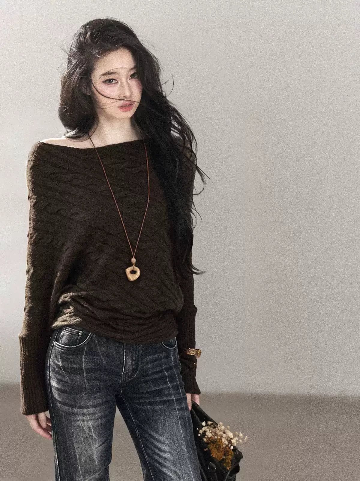 AOMALM - Rich Cocoa Off-Shoulder Cable Knit Sweater with Long Cuffs