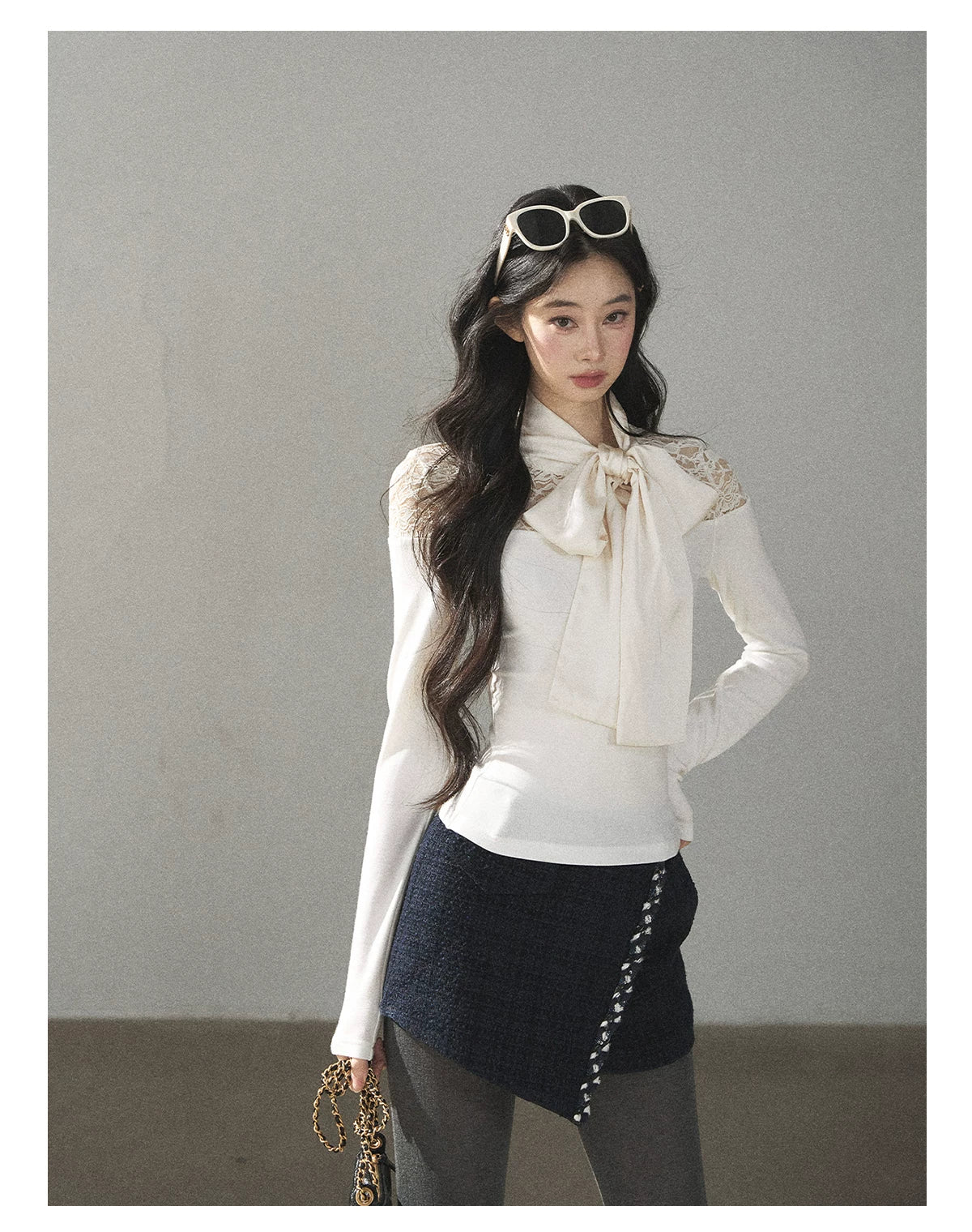 AOMALM - Navy Tweed Jacket & Skort Set with Dutch Cheese Top