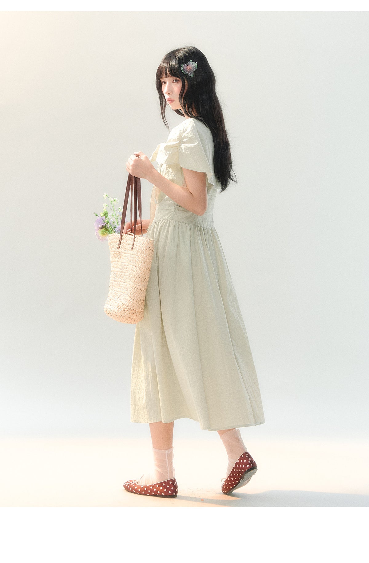 [CAN] "Willow Ribbon" Sage Green Cape Tie-Waist Midi Dress