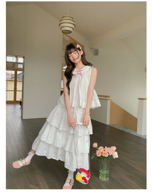 “Starfall Fairytale” White Ribbon Sleeveless Top & Layered Lace Skirt