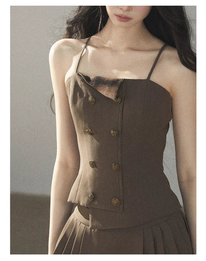 AOMALM - “Evening Breeze in the Valley” Chestnut Brown Blazer, Cami & Pleated Skort Set