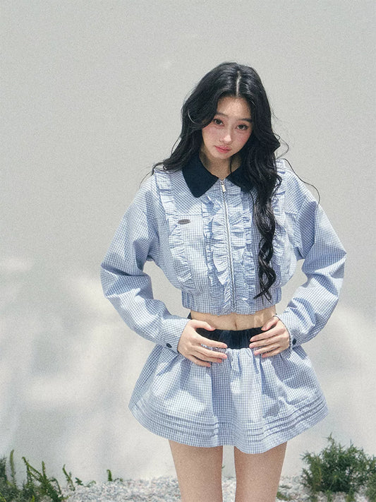 “English Manor” Plaid Cropped Top & Bubble Mini Skirt Set