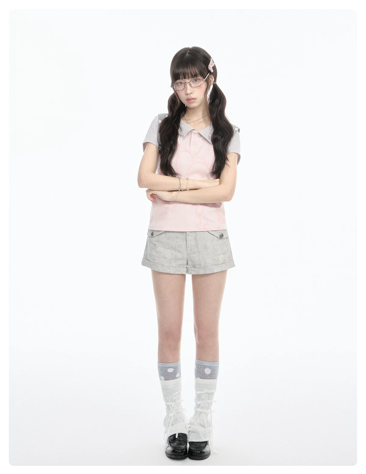 "Sweet Polka Day" Blush Pink Tee & Glacier Gray Shorts Set