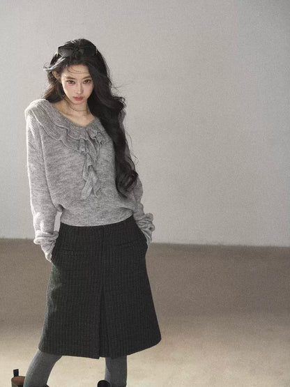 AOMALM - "A Softer Breath" Pearl Gray Ruffle V-Neck Sweater