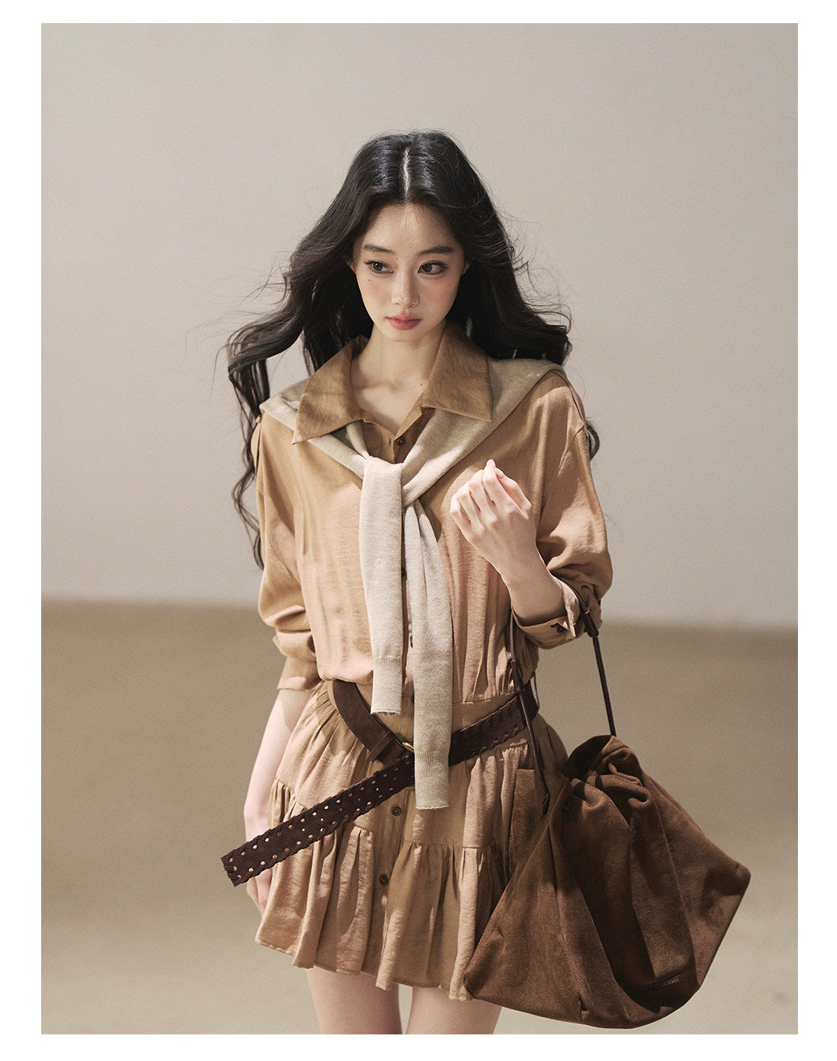 170726 "Through the Golden Wheat Fields" Chestnut Brown Utility Shirt Mini Dress with Belt & Shorts